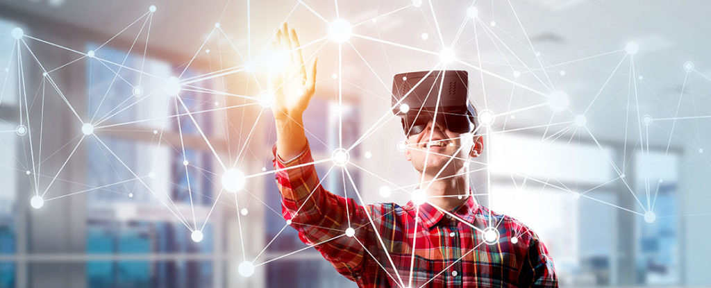 Student looking through virtual reality goggles