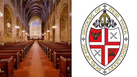 Interior of St. Thomas Fifth Ave. church; logo of Diocese of New York