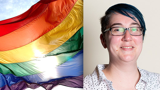 an LGBTQ flag and professor Clare Forstie