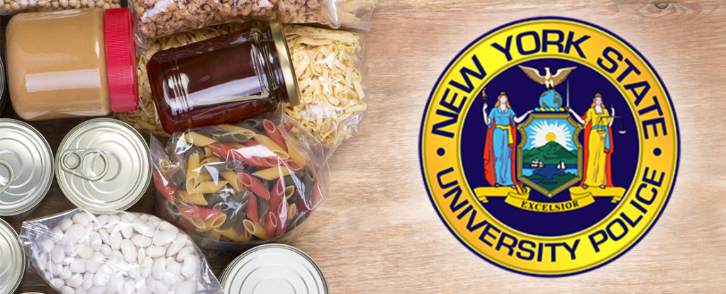 Photo of packaged foods and University Police logo