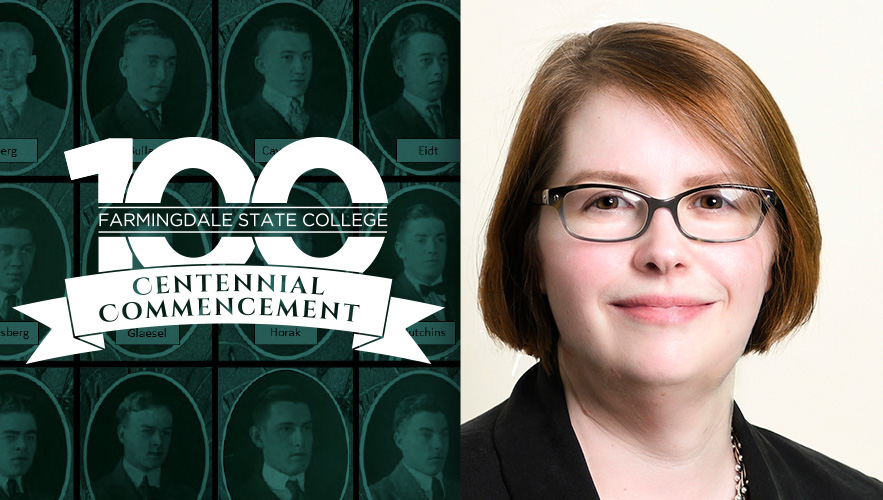 Centennial Commencement logo and April Earle