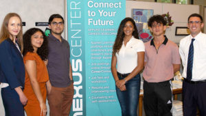 (L-R) Inesa Mott, Nexus Center; students Shaheesta Rashedy, Arslan Khurram, Megan Morillo-Torres, Xhovani Mali; and Nicholas Amador, Nexus Center