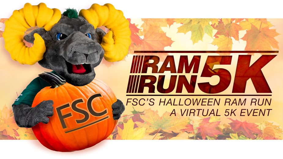 Ram Run 5k logo with Ram-bo holding a pumpkin