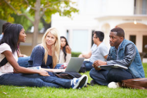 Students sitting outdoors on grass.