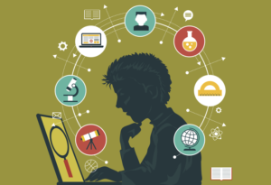 Animated image of student looking at computer and subject images in circles around his head.