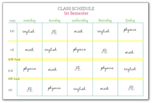 Class schedule chart.
