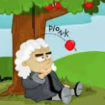 Cartoon image of older person sitting underneath apple tree while apple falls off of tree.